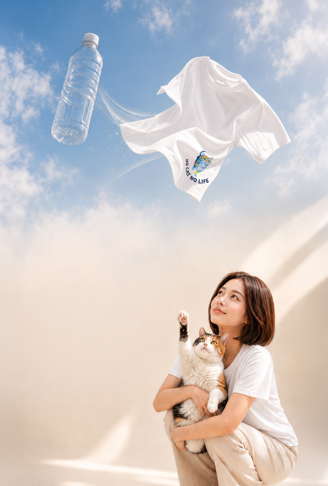 ペットボトルから生まれたTシャツと猫を抱く女性